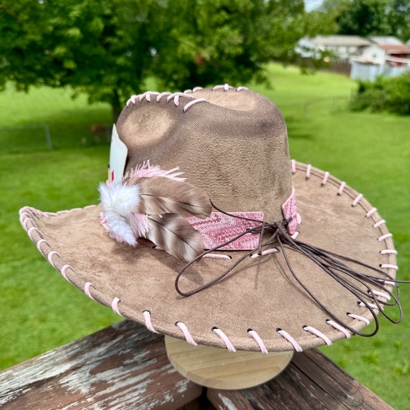 Burned Taupe Cowboy Hat with Pink Tooled Leather - Picture 3 of 5